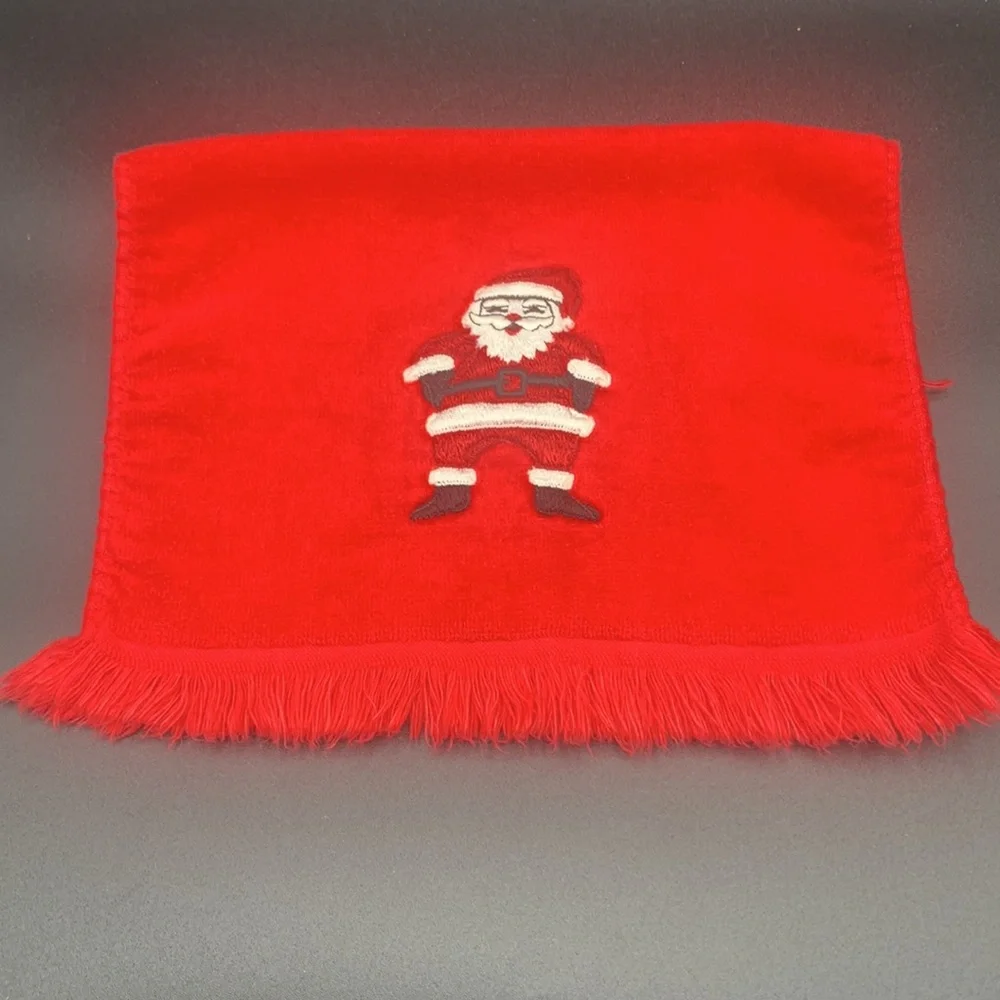 Six Vintage Fringed Christmas Tree Santa Bells Deer Holly Hand Finger Towels